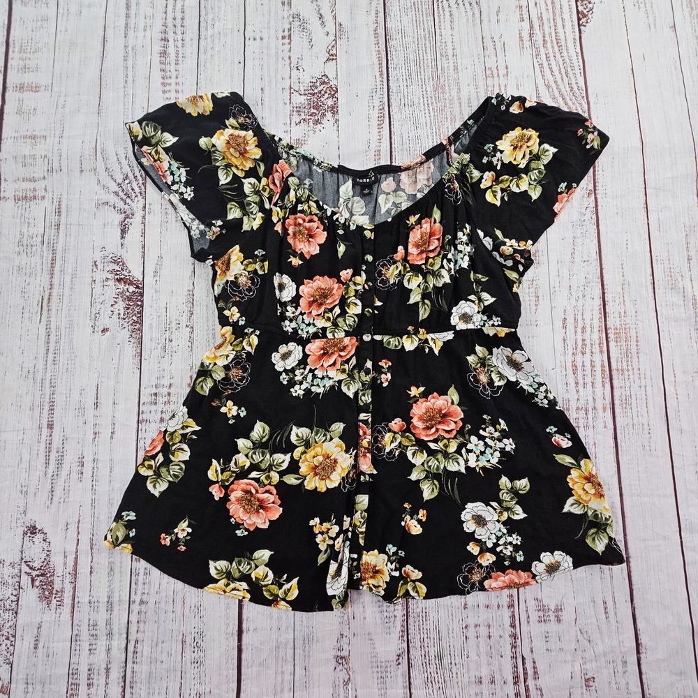 Torrid Black Floral Cap Sleeve Boho Festival Babydoll Top Women's 1